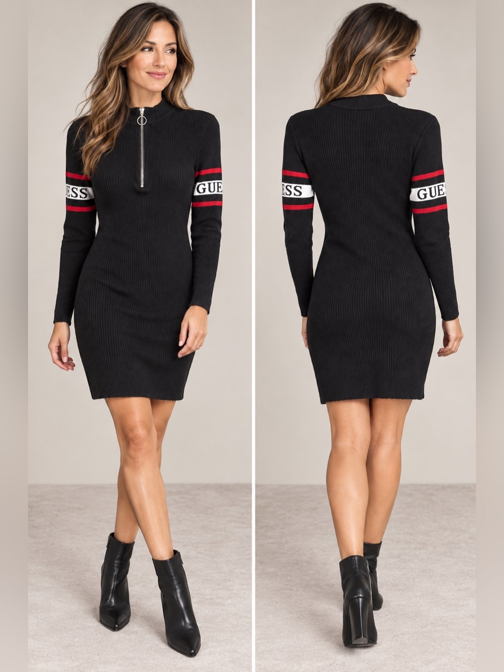 GUESS Los Angeles Black Ribbed
Logo Zip Sweater Dress M Y2K